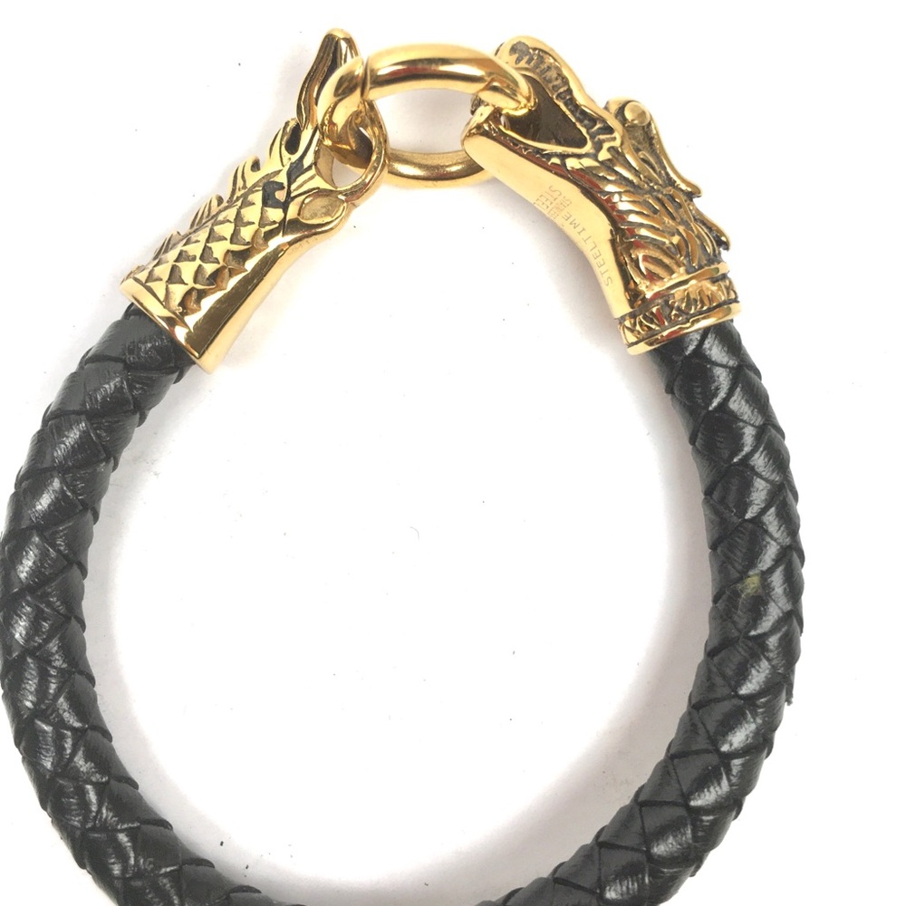 Dragón Gold Steel Black Leather Men Bracelet